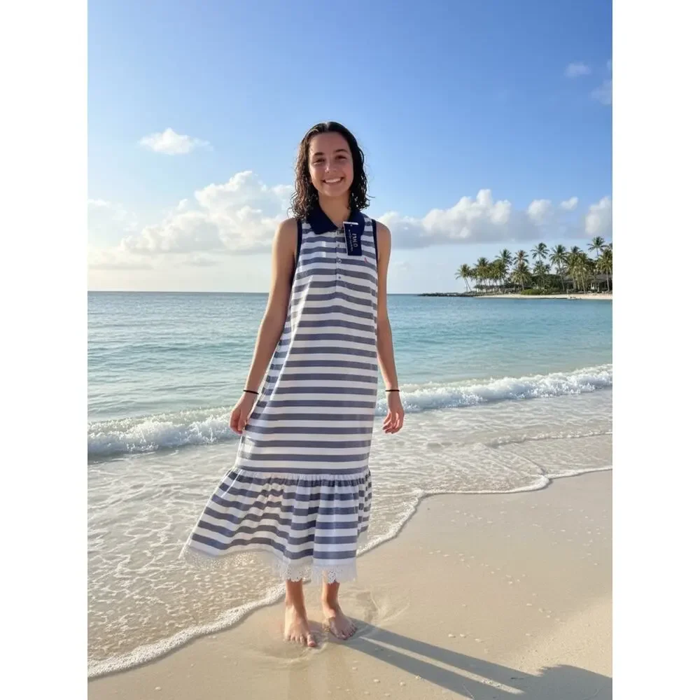 NWT Ralph Lauren Navy White Striped Sleeveless Polo Lace Pink pony Size XL 16